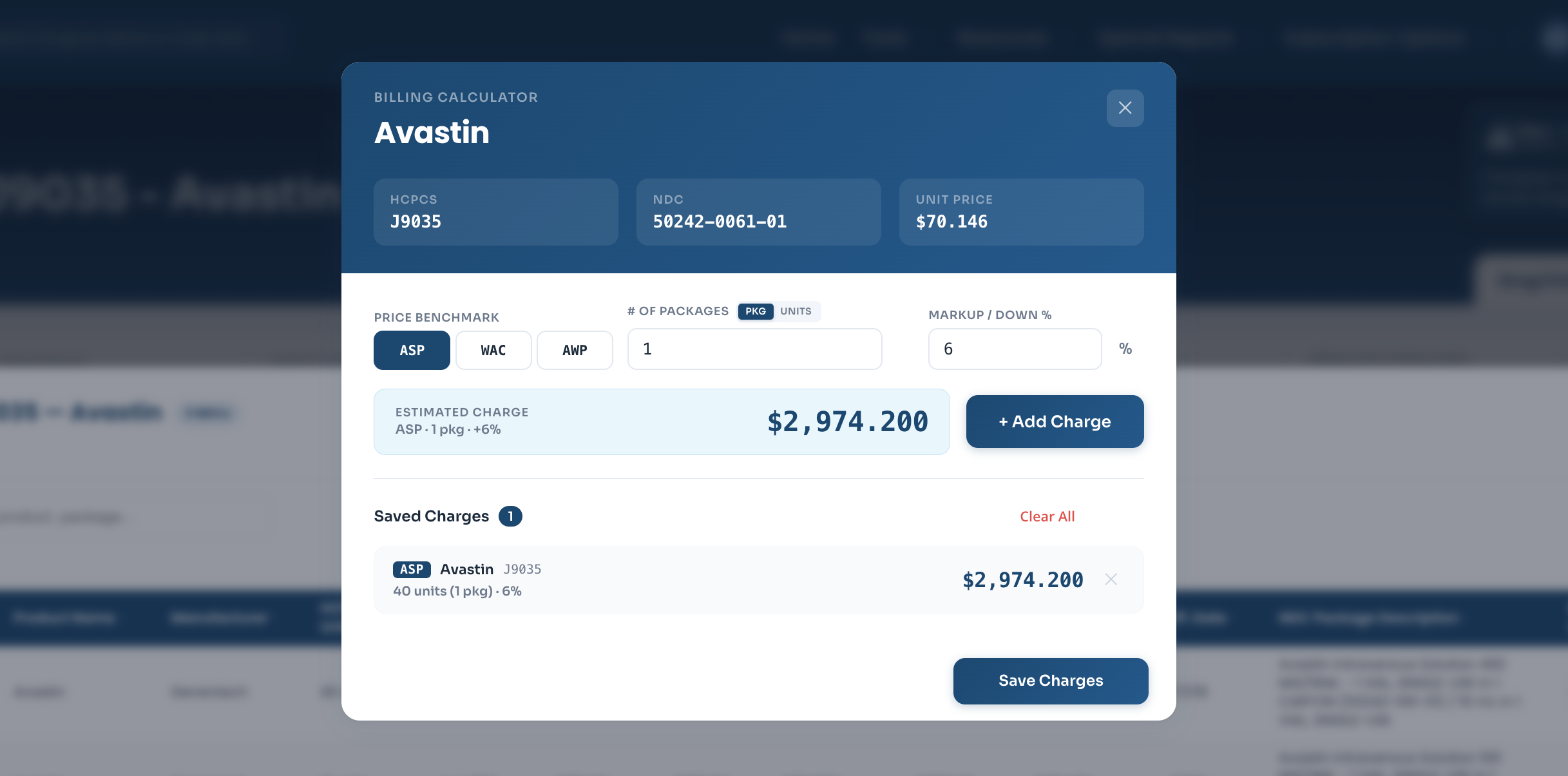 Billing calculator converting HCPCS units to NDC package pricing with per-unit reimbursement