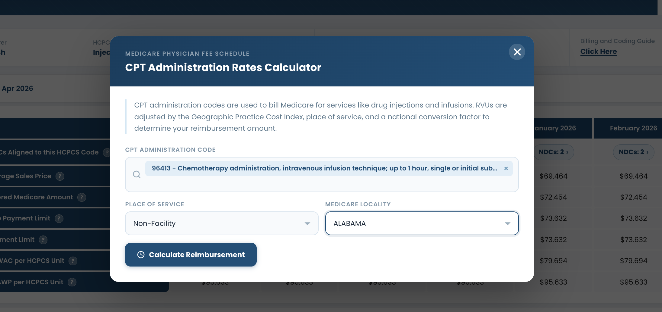 CPT administration code calculator with Medicare reimbursement rates for drug administration